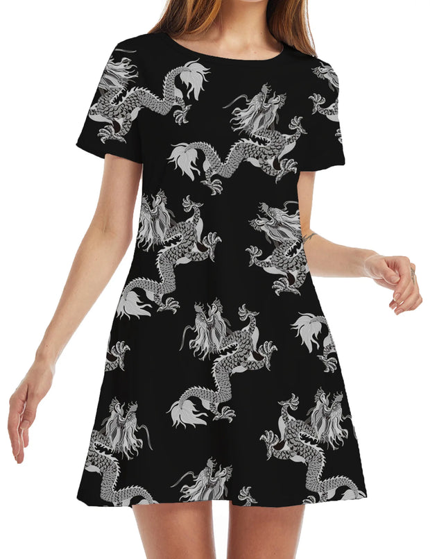 Women's Vintage Print O-Neck Mini T-Shirt Dress – Casual & Chic