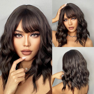 HENRY MARGU Red Copper Ginger Synthetic Wigs with Bangs Medium Water Wave Natural Bob Daily Hair Wigs for Women Heat Resistant