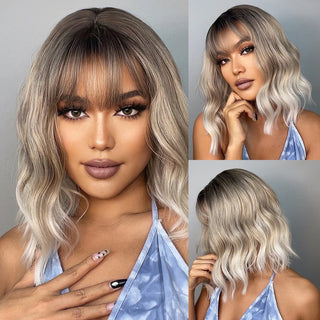 Short Curly Ash Brown Bob Synthetic Wigs With Bangs Black Gray Blonde Hair Wigs for Women Cosplay Natural Hair Heat Resistant