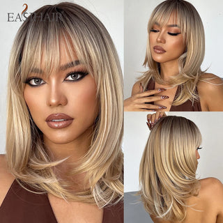 EASIHAIR Medium Length Straight Synthetic Wigs Blonde Golden Layered Hair Wigs with Bang for Women Daily Cosplay Heat Resistant