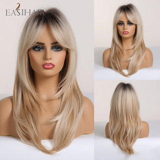 EASIHAIR Medium Length Straight Synthetic Wigs Blonde Golden Layered Hair Wigs with Bang for Women Daily Cosplay Heat Resistant