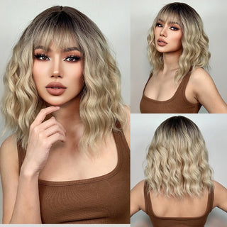 Short Curly Ash Brown Bob Synthetic Wigs With Bangs Black Gray Blonde Hair Wigs for Women Cosplay Natural Hair Heat Resistant