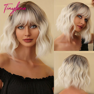 Short Curly Ash Brown Bob Synthetic Wigs With Bangs Black Gray Blonde Hair Wigs for Women Cosplay Natural Hair Heat Resistant