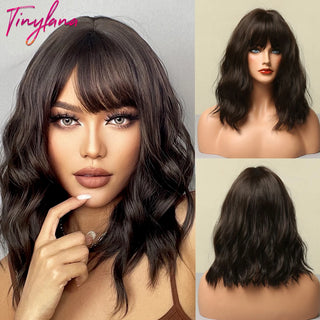 Short Curly Ash Brown Bob Synthetic Wigs With Bangs Black Gray Blonde Hair Wigs for Women Cosplay Natural Hair Heat Resistant