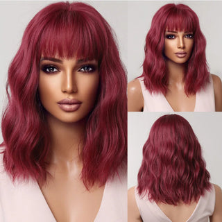 HENRY MARGU Red Copper Ginger Synthetic Wigs with Bangs Medium Water Wave Natural Bob Daily Hair Wigs for Women Heat Resistant